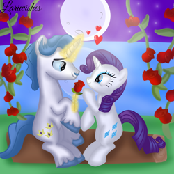 Size: 1400x1400 | Tagged: safe, artist:mlplary6, fancypants, rarity, pony, unicorn, g4, boyfriend and girlfriend, female, flower, heart, lake, levitation, looking at each other, looking at someone, love, magic, magic aura, male, mare, moon, moonlight, night, romantic, rose, ship:raripants, shipping, sitting, smiling, smiling at each other, stallion, straight, telekinesis, water