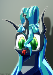 Size: 3508x4961 | Tagged: safe, artist:estellewdp, queen chrysalis, changeling, pony, g4, green eyes, horn, solo, tongue out