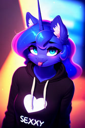 Size: 1024x1536 | Tagged: safe, ai assisted, ai content, artist:nightluna, editor:nightluna, generator:purplesmart.ai, generator:stable diffusion, princess luna, anthro, g4, :p, abstract background, black hoodie, breasts, cheek fluff, clothes, ear fluff, eyebrows, eyelashes, female, heart, hoodie, looking at you, smiling, smiling at you, solo, standing, text, tongue out