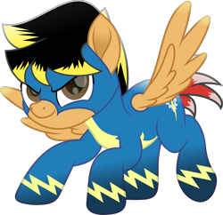 Size: 2266x2190 | Tagged: safe, artist:php178, derpibooru exclusive, editor:php178, vector edit, oc, oc only, oc:14fan, pegasus, pony, derpibooru, g4, my little pony: the movie, .svg available, black mane, clothes, crouching, determination, determined, determined face, determined look, determined smile, gradient hooves, high res, highlights, inkscape, juxtaposition, lightning, looking at you, male, meta, mismatched mane, mismatched tail, movie accurate, pegasus oc, ponysona, red tail, shading, simple background, smiling, smiling at you, spread wings, stallion, svg, tail, transparent background, two toned mane, two toned tail, uniform, vector, wings, wonderbolts, wonderbolts uniform, yellow mane