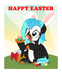 Size: 4209x5000 | Tagged: safe, artist:jhayarr23, oc, oc only, oc:icebeak, classical hippogriff, hippogriff, basket, bow, bunny ears, commission, cute, easter, easter egg, grass, holiday, ocbetes, paintbrush, painting, text, ych result