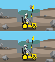 Size: 1920x2160 | Tagged: safe, artist:platinumdrop, derpy hooves, pegasus, pony, g4, 2 panel comic, accident, boulder, clothes, comic, commission, concerned, construction pony, dirt, female, folded wings, grass, happy, hard hat, hat, hill, i just don't know what went wrong, imminent death, looking at something, mare, mistakes were made, mountain, outdoors, rock, scrunchy face, sitting, sky, smiling, solo, stone, this will end in death, this will not end well, tongue out, too dumb to live, tractor, vehicle