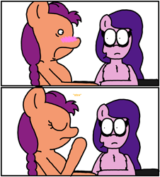 Size: 3023x3351 | Tagged: safe, artist:professorventurer, pipp petals, sunny starscout, earth pony, pegasus, pony, series:ask pippamena, g5, arc, blushing, chest fluff, comic, eyeliner, faic, female, high res, lesbian, looking at someone, makeup, mare, pippamena, raised hoof, ship:petalscout, shipping, simple background, white background