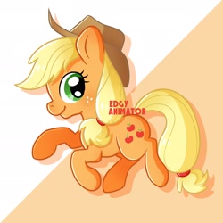 Size: 2700x2700 | Tagged: safe, artist:edgyanimator, derpibooru exclusive, part of a set, applejack, earth pony, pony, g4, applebetes, applejack's hat, blonde, blonde hair, blonde mane, blonde tail, cel shading, chibi, closed mouth, colored, colored lineart, cowboy hat, cute, digital art, drop shadow, eyelashes, female, firealpaca, freckles, full body, green eyes, hair tie, happy, hat, high res, jackabetes, looking sideways, looking to the right, mare, orange background, orange coat, orange fur, ponytail, profile, quadrupedal, raised hooves, shading, signature, simple background, simple shading, smiling, solo, tail