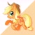 Size: 2700x2700 | Tagged: safe, artist:edgyanimator, derpibooru exclusive, part of a set, applejack, earth pony, pony, g4, applebetes, applejack's hat, blonde, blonde hair, blonde mane, blonde tail, cel shading, chibi, closed mouth, colored, colored lineart, cowboy hat, cute, digital art, drop shadow, eyelashes, female, firealpaca, freckles, full body, green eyes, hair tie, happy, hat, high res, jackabetes, looking sideways, looking to the right, mare, orange background, orange coat, orange fur, ponytail, profile, quadrupedal, raised hooves, shading, signature, simple background, simple shading, smiling, solo, tail