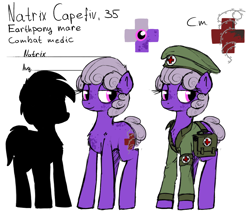 Size: 1166x988 | Tagged: safe, artist:uteuk, oc, oc only, oc:natrix capefiv, earth pony, pony, bag, barbed wire, beret, clothes, earth pony oc, female, hat, mare, medic, medical saddlebag, military, military uniform, nurse, red cross, simple background, solo, uniform, white background