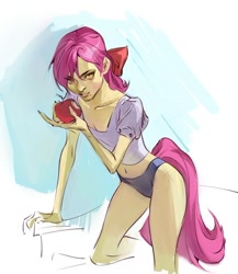 Size: 648x745 | Tagged: safe, artist:kirrrika, apple bloom, human, g4, apple, clothes, eating, female, food, humanized, panties, pony coloring, shirt, solo, tail, tailed humanization, underwear