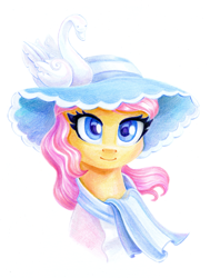 Size: 904x1194 | Tagged: safe, artist:maytee, swan song, earth pony, pony, g4, clothes, colored pencil drawing, commission, hat, not fluttershy, simple background, solo, traditional art, white background