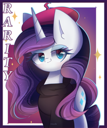 Size: 2000x2400 | Tagged: safe, artist:miryelis, rarity, pony, unicorn, g4, beret, big ears, clothes, female, hat, high res, horn, impossibly large ears, long hair, looking back, makeup, mare, simple background, smiling, solo, sparkles, text