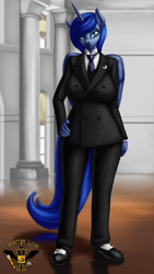 Size: 4320x7680 | Tagged: safe, artist:tsaritsaluna, princess luna, alicorn, anthro, g4, clothes, column, female, looking at you, mare, necktie, pillar, solo, suit