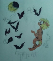 Size: 1280x1452 | Tagged: safe, artist:crazyartanimal, oc, oc only, oc:forty winks, bat, earth pony, pony, moon, traditional art