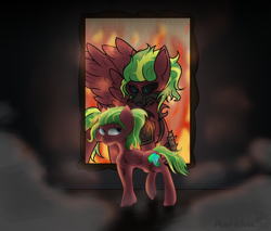 Size: 4500x3825 | Tagged: safe, artist:ashel_aras, oc, oc only, oc:melon heart, pegasus, pony, fallout equestria, dark background, dark side, fire, fog, looking back, painting, raider, solo