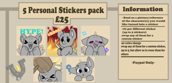 Size: 7237x3500 | Tagged: safe, artist:rokosmith26, oc, pony, advertisement, advertisement in description, advertising, commission, commission info, confused, excited, fire, floppy ears, hammer, happy, knife, open mouth, sticker, sticker pack, text, watermark, your character here