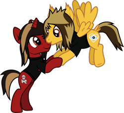 Size: 1706x1565 | Tagged: safe, artist:lightningbolt, derpibooru exclusive, pegasus, pony, unicorn, g4, .svg available, alex gaskarth, bipedal, bipedal leaning, butt fluff, clothes, duo, duo male, dyed mane, dyed tail, ear fluff, flying, gay, hair over one eye, holding hooves, hoof fluff, horn, jack barakat, kissing, leaning, male, ponified, shipping, shirt, show accurate, simple background, smiling, spread wings, stallion, svg, t-shirt, tail, tail feathers, transparent background, vector, wing fluff, wings