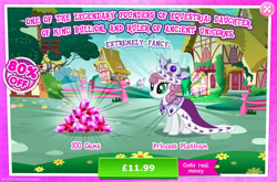 Size: 1958x1296 | Tagged: safe, gameloft, princess platinum, pony, unicorn, g4, my little pony: magic princess, advertisement, costs real money, crown, english, female, gem, horn, introduction card, jewelry, mantle, mare, mobile game, numbers, regalia, sale, solo, text