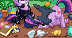 Size: 1869x982 | Tagged: safe, artist:texasuberalles, edit, orange frog, twilight sparkle, pony, unicorn, bridle gossip, feeling pinkie keen, it's about time, look before you sleep, suited for success, the crystal empire, the cutie mark chronicles, the ticket master, too many pinkie pies, winter wrap up, anvil, book, catsuit, clothes, constellation dress, cropped, crystal heart, duality, eyepatch, face down ass up, floppy ears, future twilight, golden ticket, headband, ice skates, poison joke, potted plant, self paradox, self ponidox, skates, time paradox, torn clothes, twilight sparkle is not amused, unamused, underhoof, unicorn twilight