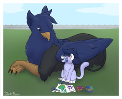 Size: 1232x1000 | Tagged: safe, artist:binkyroom, oc, oc:binkyroom, oc:eid, griffon, babysitting, caretaker, cloud, colored sketch, cougar, cub, feline, fence, grass, grass field, paint, painting, paper, paws, tail wig