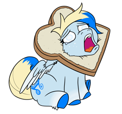 Size: 1070x1006 | Tagged: safe, artist:jargon scott, oc, oc only, oc:azure opus, pegasus, pony, blind, bread, bread head, commission, crying, ear piercing, female, food, mare, meme, piercing, simple background, sitting, solo, transparent background, two toned mane