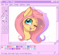 Size: 1000x941 | Tagged: safe, artist:inkypuso, fluttershy, pegasus, pony, g4, blushing, bust, cute, ear blush, female, legitimately amazing mspaint, looking at you, mare, ms paint, one eye closed, open mouth, open smile, out of frame, shyabetes, smiling, smiling at you, solo, tongue out, wink, winking at you