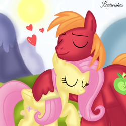Size: 1400x1400 | Tagged: safe, artist:mlplary6, big macintosh, fluttershy, earth pony, pegasus, pony, g4, boyfriend and girlfriend, duo, eyes closed, female, heart, love, male, mare, mountain, romantic, ship:fluttermac, shipping, snuggling, stallion, straight, sun