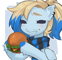 Size: 2582x2500 | Tagged: safe, artist:arasanka, oc, oc only, oc:azure opus, pegasus, pony, blind, burger, clothes, commission, ear piercing, eating, female, food, high res, mare, piercing, ponytail, scarf, solo, striped scarf, two toned mane, ych result
