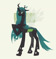 Size: 1784x1879 | Tagged: safe, artist:maggie0li, artist:overthemaginot, queen chrysalis, changeling, changeling queen, g4, concave belly, hoof on chest, long mane, simple background, slender, smiling, smirk, solo, standing, thin, white background