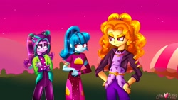 Size: 1920x1080 | Tagged: safe, artist:frezzzypop, adagio dazzle, aria blaze, sonata dusk, human, equestria girls, g4, breasts, female, taco dress, trio, x0000 milestone