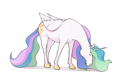 Size: 3200x2220 | Tagged: safe, artist:aquaticvibes, princess celestia, alicorn, pony, g4, eyeshadow, female, grazing, herbivore, high res, hoers, horses doing horse things, makeup, mare, princess celestia is a horse, simple background, solo, white background