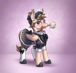 Size: 3146x3000 | Tagged: safe, artist:helmie-art, oc, oc only, oc:dima, pegasus, pony, bow, choker, clothes, dress, duster, female, hair bow, high res, maid, maid headdress, mouth hold, shoes, skirt, socks, solo, stockings, thigh highs