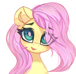 Size: 3643x3583 | Tagged: safe, artist:jfrxd, fluttershy, pegasus, pony, g4, cute, daaaaaaaaaaaw, eye clipping through hair, female, hair over one eye, high res, mare, open mouth, open smile, shyabetes, simple background, smiling, solo, white background