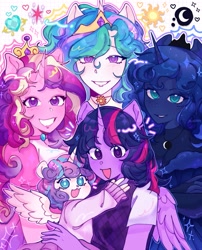 Size: 1119x1382 | Tagged: safe, artist:aj2020ahgd, princess cadance, princess celestia, princess flurry heart, princess luna, twilight sparkle, human, g4, alicorn humanization, alicorn pentarchy, alternate hairstyle, baby, blushing, choker, clothes, crown, cute, cutedance, cutelestia, dress, eared humanization, evening gloves, female, fingerless elbow gloves, fingerless gloves, flurrybetes, gloves, grin, horn, horned humanization, humanized, jewelry, long gloves, lunabetes, open mouth, pony coloring, regalia, royal family, royal sisters, shirt, siblings, sisters, smiling, sweater, sweater vest, twiabetes, twilight sparkle (alicorn), wholesome, winged humanization