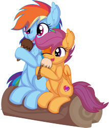 Size: 6785x7947 | Tagged: safe, artist:cyanlightning, rainbow dash, scootaloo, pegasus, pony, g4, .svg available, absurd resolution, duo, eating, female, filly, foal, food, ice cream, log, mare, siblings, simple background, sisters, sitting, tongue out, transparent background, vector, wings