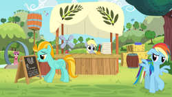 Size: 1920x1080 | Tagged: safe, artist:tiarawhy, derpy hooves, lightning dust, rainbow dash, pegasus, pony, unicorn, g4, apple, apple tree, background pony, barrel, basket, buckbasket, bushel basket, clothes, cloud, counter, female, floppy ears, flying, folded wings, frown, grass, hay bale, hill, horn, inkwell, looking at someone, looking at something, male, mare, olive, open mouth, open smile, paper, pony waifu sim, quill, rainbow dash is not amused, raised hoof, rope, sign, sky, smiling, spread wings, stallion, toolbox, tree, unamused, wings