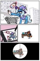 Size: 1842x2742 | Tagged: safe, artist:punkittdev, trixie, oc, oc:star magnolia, pony, unicorn, g4, bread, breaking the fourth wall, cape, chair, clothes, comic, commission, computer, crosshair, desk, drawing tablet, female, food, glowing, glowing horn, gun, hat, horn, laptop computer, magic, mare, murrlogic, rifle, self insert, shopping, shopping cart, simple background, sniper rifle, this will end in death, trixie's cape, trixie's hat, weapon, white background, wonder bread