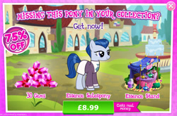 Size: 1956x1293 | Tagged: safe, gameloft, ever essence, earth pony, pony, g4, my little pony: magic princess, the parent map, advertisement, bush, clothes, costs real money, english, female, gem, introduction card, mare, mobile game, numbers, perfume, sale, solo, text