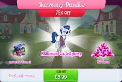 Size: 1270x854 | Tagged: safe, gameloft, ever essence, earth pony, pony, g4, my little pony: magic princess, bundle, bush, clothes, costs real money, english, female, gem, mare, mobile game, numbers, perfume, sale, solo, text