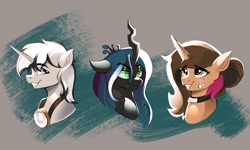Size: 3000x1800 | Tagged: safe, artist:poxy_boxy, queen chrysalis, oc, unnamed oc, changeling, changeling queen, pony, unicorn, g4, blushing, bust, choker, eye clipping through hair, eyebrows, eyebrows visible through hair, female, freckles, goggles, gray background, grin, high res, horn, male, mare, simple background, smiling, smirk, stallion, trio, unicorn oc