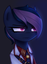 Size: 2116x2893 | Tagged: safe, artist:opal_radiance, oc, oc only, oc:nightshade, pony, equestria at war mod, clothes, eyebrows, female, frown, gradient background, high res, mare, pax solaris, signature, solar empire, solo, uniform