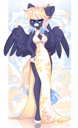 Size: 1250x2048 | Tagged: safe, artist:shooshaa, oc, oc only, oc:kimono silk, pegasus, anthro, unguligrade anthro, anthro oc, boob window, breasts, cleavage, clothes, coat markings, dress, elegant, eye clipping through hair, facial markings, freckles, gradient mane, looking at you, partially open wings, pegasus oc, pretty, reflection, side slit, smiling, smiling at you, socks (coat markings), solo, spread wings, total sideslit, white muzzle, wings