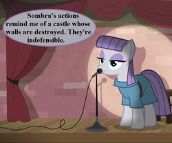 Size: 864x720 | Tagged: safe, edit, edited screencap, editor:korora, screencap, maud pie, earth pony, pony, g4, the maud couple, clothes, cropped, dress, female, implied king sombra, mare, maud the comedian, microphone, pun, solo, speech bubble, spotlight