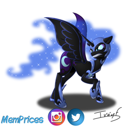 Size: 2500x2500 | Tagged: safe, artist:memprices, nightmare moon, alicorn, pony, g4, armor, concave belly, ethereal mane, ethereal tail, female, frown, gritted teeth, helmet, high res, hoof shoes, jaws, mare, peytral, princess shoes, raised hoof, shading, shadow, simple background, slender, solo, spread wings, standing, starry mane, starry tail, tail, teeth, thin, white background, wings