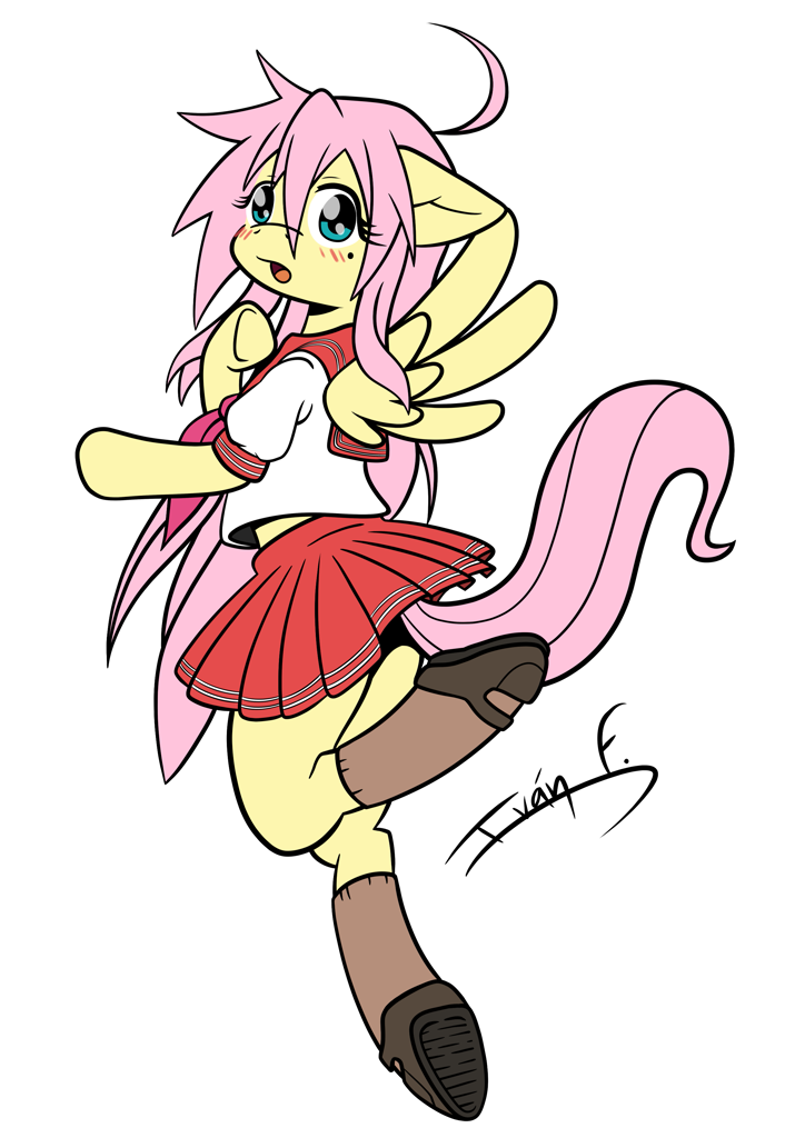 [blushing,butt,clothes,colored,crossover,female,fluttershy,izumi konata,jumping,looking at you,lucky star,mare,pegasus,plot,raised tail,safe,sailor uniform,semi-anthro,shoes,simple background,skirt,socks,solo,tail,uniform,white background,wings,flat colors,spread wings,artist:memprices]