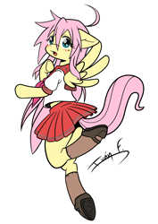 Size: 2481x3508 | Tagged: safe, alternate version, artist:memprices, fluttershy, pegasus, semi-anthro, g4, arm hooves, blushing, butt, clothes, colored, crossover, cute, female, flat colors, high res, izumi konata, jumping, looking at you, lucky star, mare, plot, raised tail, sailor uniform, school uniform, shoes, shyabetes, simple background, skirt, socks, solo, spread wings, tail, uniform, white background, wings