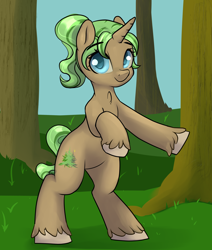Size: 2200x2600 | Tagged: safe, artist:dumbwoofer, oc, oc:ever shine, pony, unicorn, blue eyes, chest fluff, female, forest background, high res, looking at you, mare, ponytail, rearing, smiling, smiling at you, solo, standing on two hooves, unshorn fetlocks