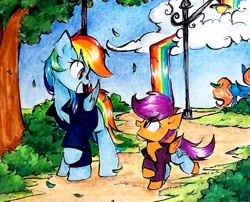 Size: 2024x1633 | Tagged: safe, artist:liaaqila, rainbow dash, scootaloo, pegasus, pony, g4, bush, clothes, cloud, duo, duo female, female, filly, foal, folded wings, lamppost, leaves, looking at each other, looking at someone, mare, open mouth, rainbow waterfall, scootalove, streetlight, traditional art, tree, unknown pony, wings