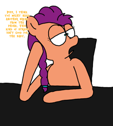 Size: 3023x3351 | Tagged: safe, artist:professorventurer, sunny starscout, earth pony, pony, series:ask pippamena, g5, braid, braided ponytail, dialogue, female, high res, implied pipp petals, looking at someone, mare, offscreen character, ponytail, solo