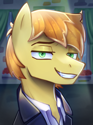 Size: 4001x5393 | Tagged: safe, artist:opal_radiance, feather bangs, earth pony, pony, equestria at war mod, g4, absurd resolution, bedroom eyes, bust, clothes, eyebrows, grin, looking at you, male, shiny, shiny teeth, smiling, smiling at you, solo, stallion, teeth