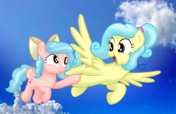 Size: 4096x2650 | Tagged: safe, artist:aleximusprime, cozy glow, oc, oc:melody heartsong, pegasus, pony, flurry heart's story, g4, a better ending for cozy, alternate hairstyle, bow, buzzing wings, cloud, cozy glow's mother, cozybetes, cute, duo, duo female, female, filly, flying, foal, hair bow, half note (cozy glow), holding hooves, looking at each other, looking at someone, mare, mother and child, mother and daughter, ocbetes, open mouth, sky, smiling, wings