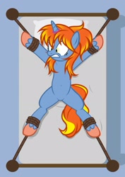 Size: 1536x2166 | Tagged: safe, artist:equestria secret guard, oc, oc only, oc:黄昏夜雨, pony, unicorn, armpits, bed, belly button, bondage, eyebrows, featureless crotch, female, frown, helpless, horn, horn ring, jewelry, lying down, magic suppression, on back, on bed, ring, rope, rope bondage, scared, sexy, solo, spread eagle, teeth, tied to bed, tied up, unicorn oc