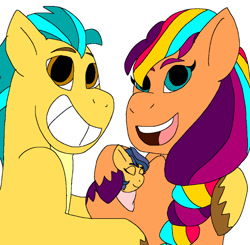 Size: 746x732 | Tagged: safe, artist:anadacoleman, hitch trailblazer, sunny starscout, oc, oc:bluebell starmoon, g5, 1000 hours in ms paint, female, male, mama sunny, mane stripe sunny, multicolored hair, offspring, papa hitch, parent:hitch trailblazer, parent:sunny starscout, parents:starblazer, rainbow hair, ship:starblazer, shipping, simple background, straight, white background
